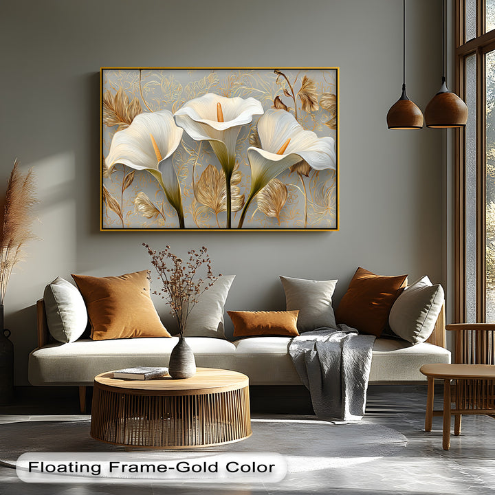 Golden Elegance – White Calla Lilies on Grey Floral Canvas Print