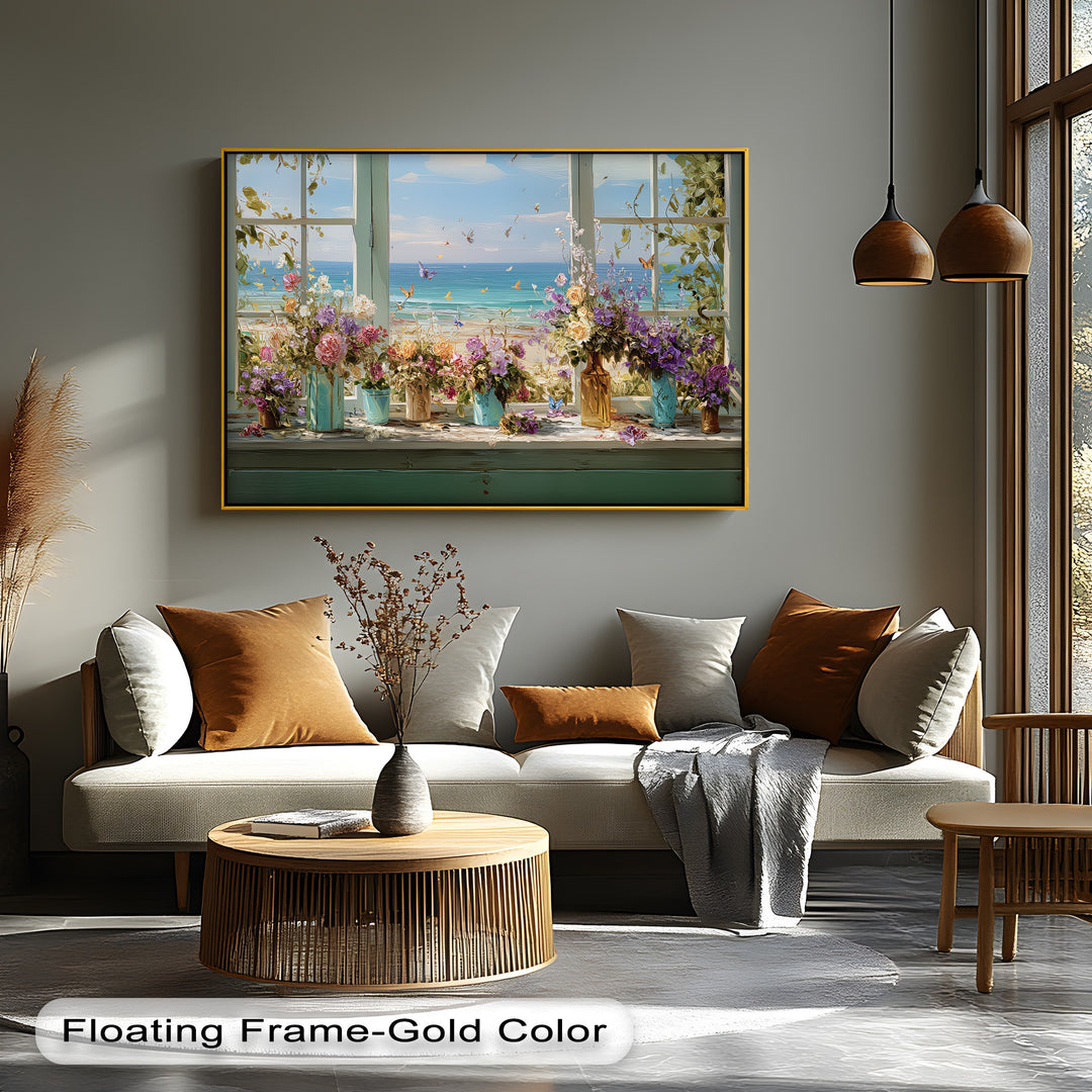 Seaside Bloom – Coastal View with Flowers and Butterflies Canvas Print