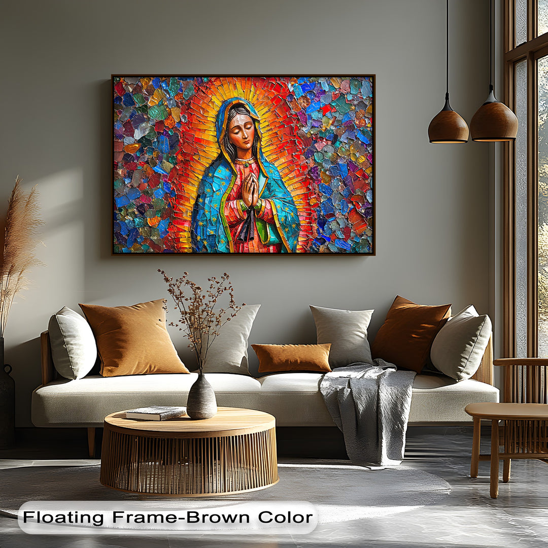 The radiant, mosaic-like finish of this Our Lady of Guadalupe best canvas prints art piece showcases vibrant glass-like textures in a brown floating frame.
