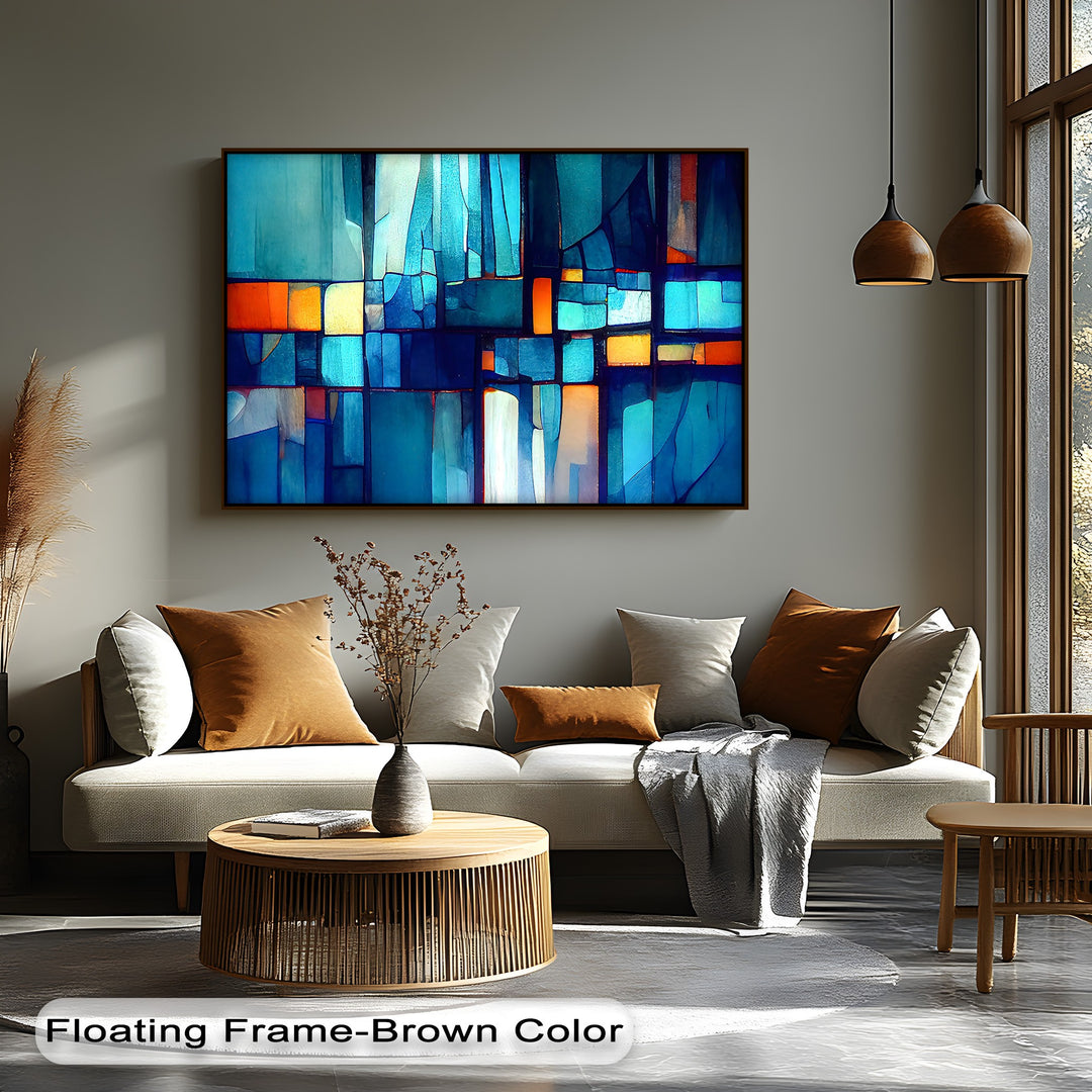Shifting vibrant turquoise, navy, orange, and yellow geometric blocks in this best canvas prints abstract wall art create a dynamic sense of movement.