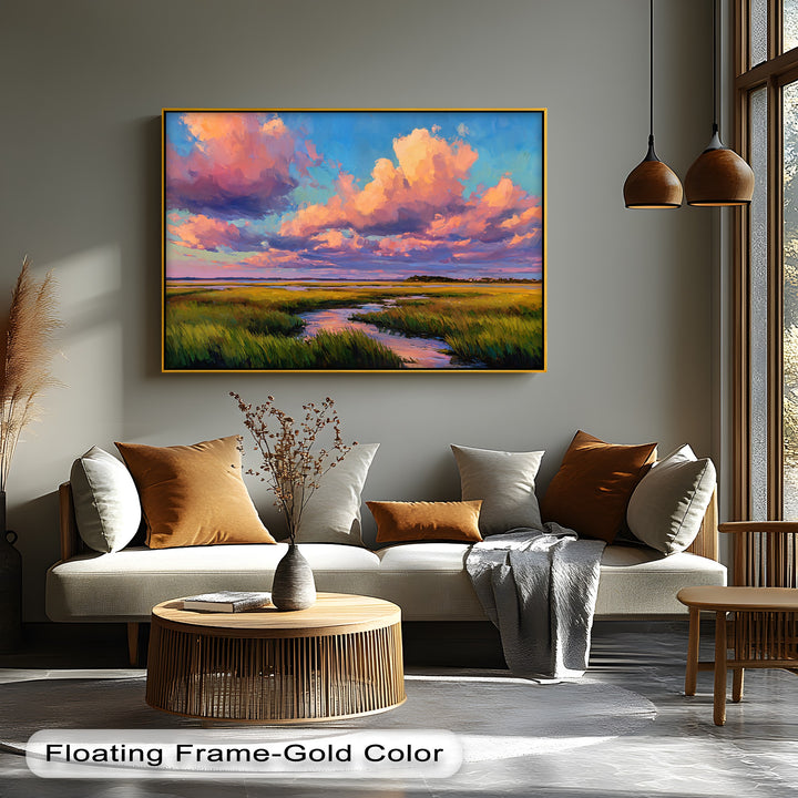 Dramatic color contrast highlights the vivid pink clouds against the blue sky in this golden sunset marsh landscape canvas art prints wall art.