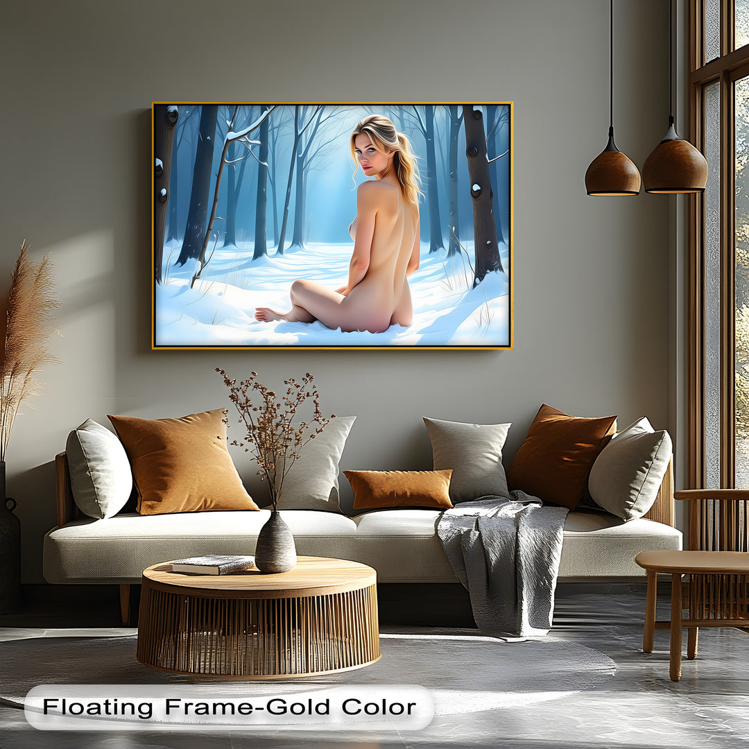 Winter Muse – Nude Goddess in Snowy Forest Erotic Canvas Print | Framed Art