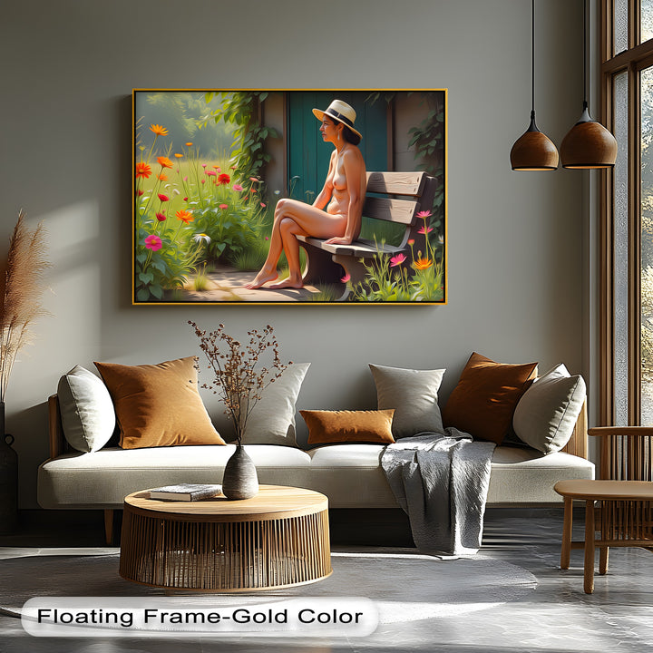 Garden Reverie – Nude Woman with Hat Canvas Wall Art | Large Art
