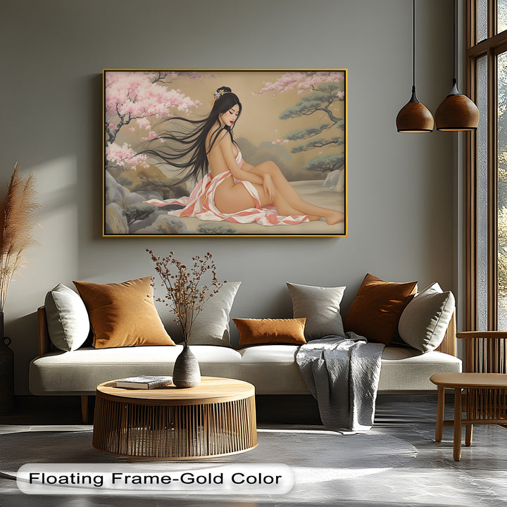 Asian Woman with Cherry Blossoms – Erotic Canvas Wall Art | Nude Art