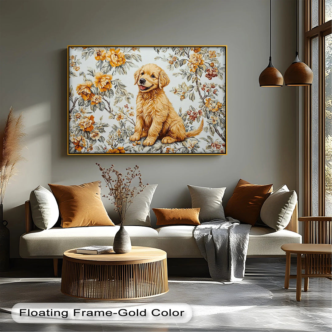 Smiling Golden Retriever Puppy with Vintage Floral Backdrop - Canvas Print - MyPhotoStation
