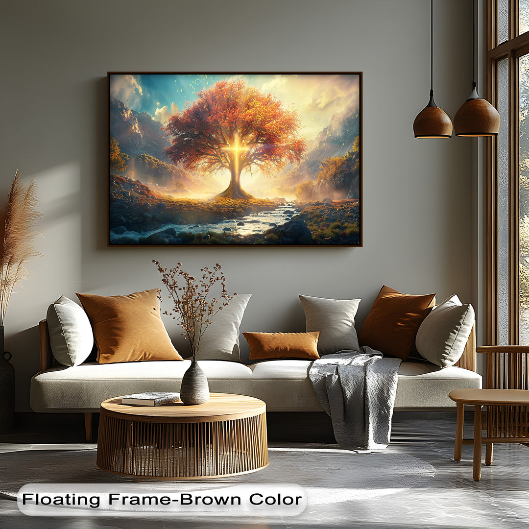 The elegant brown floating frame precisely borders the enchanting big canvas prints of a radiant autumn tree fantasy landscape.