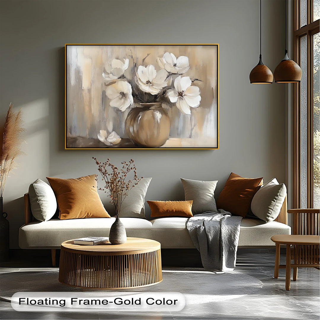 Vintage Serenity – Beige Vase with Cream Flowers Canvas Wall Art - MyPhotoStation