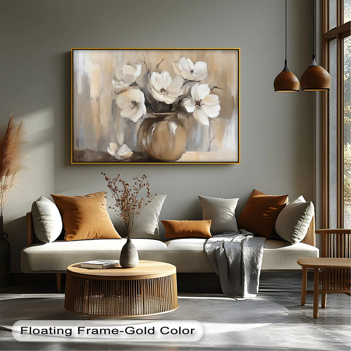 Vintage Serenity – Beige Vase with Cream Flowers Canvas Wall Art - MyPhotoStation
