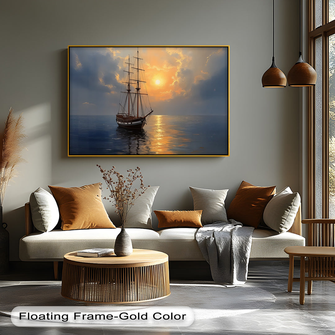 Golden Horizon Voyage – Sailing Ship Sunset Canvas Wall Art | Canvas Art