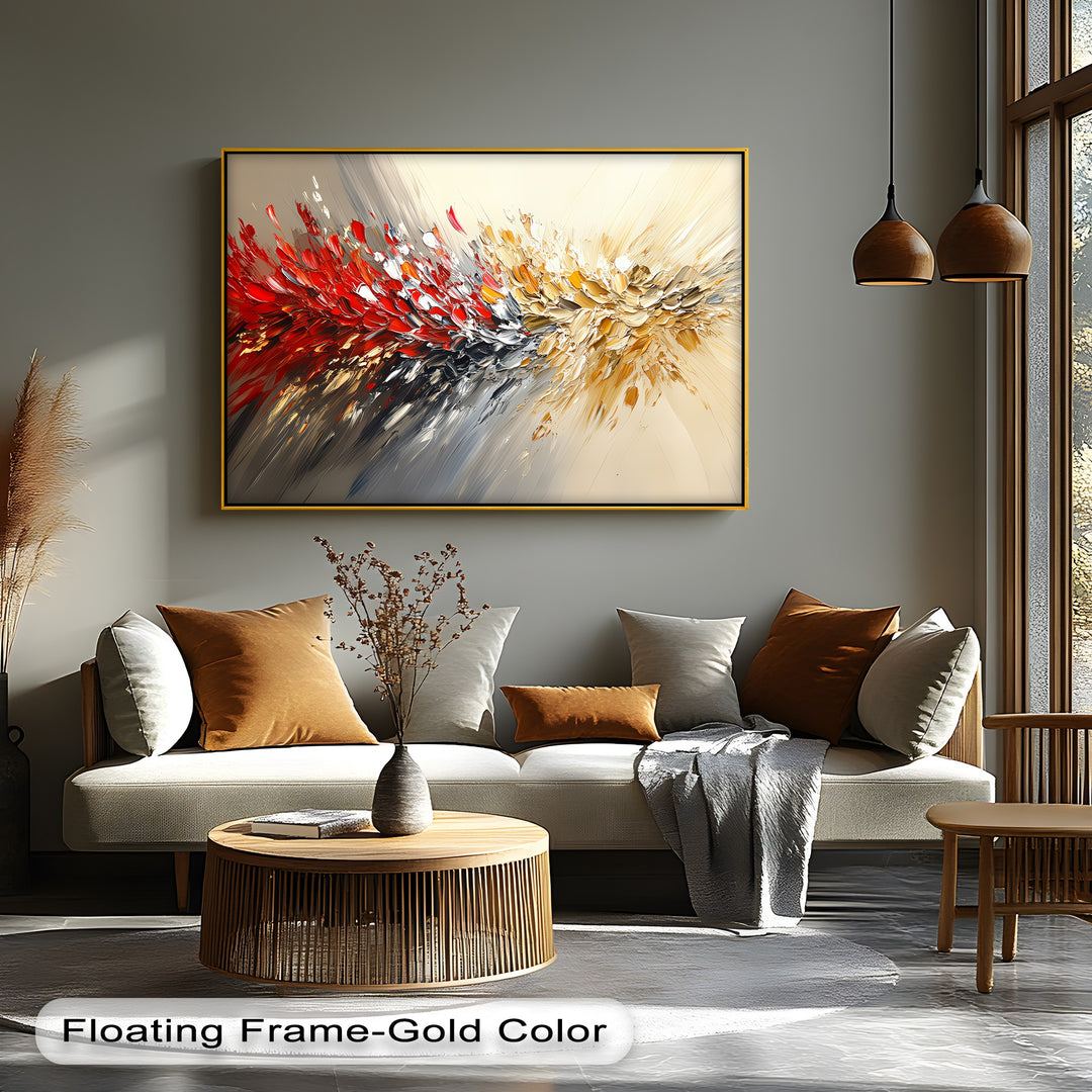 Fusion in Motion – Red, Gold & Silver Abstract Energy Canvas Print