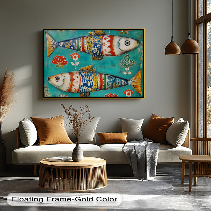 Highlighting the realistic detail, a colorful folk fish canvas wall art showcases vibrant Scandinavian patterns, enhancing this decorative canvas wall art.