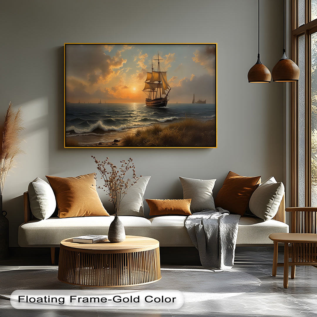 Golden Horizon Voyage – Sailing Ship at Sunset Canvas Wall Art | Large Canvas