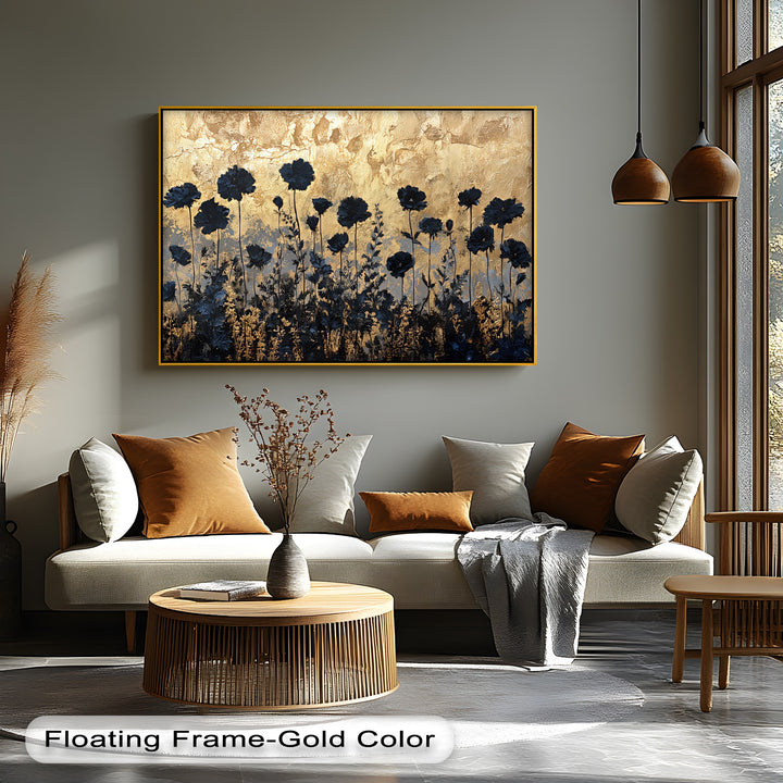 Golden Twilight Meadow – Black Floral Silhouette Canvas Print