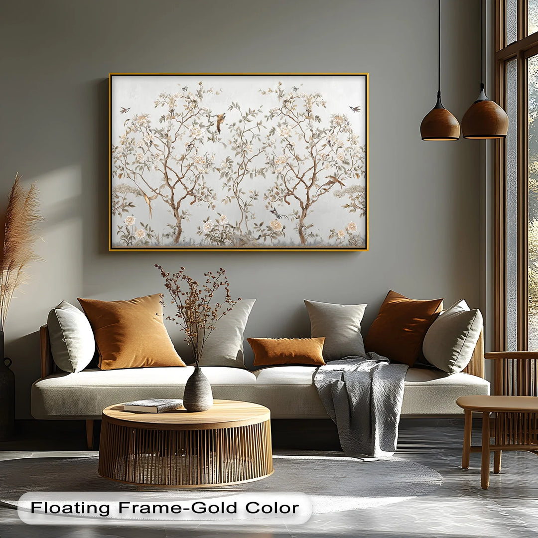 Vintage-inspired botanical canvas painting with songbirds
