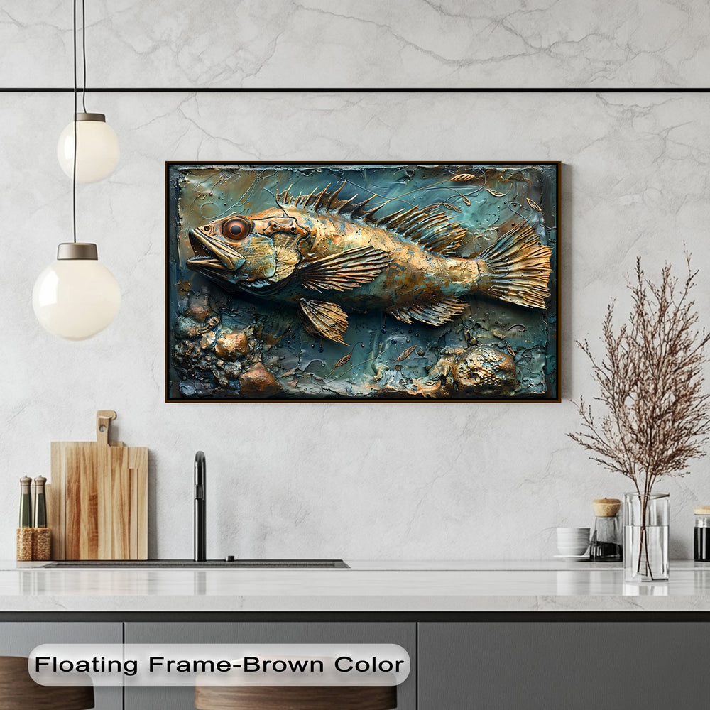 Angular forms of the rustic fish and its spiked fins create a striking geometric focus within this industrial coastal canvas painting.