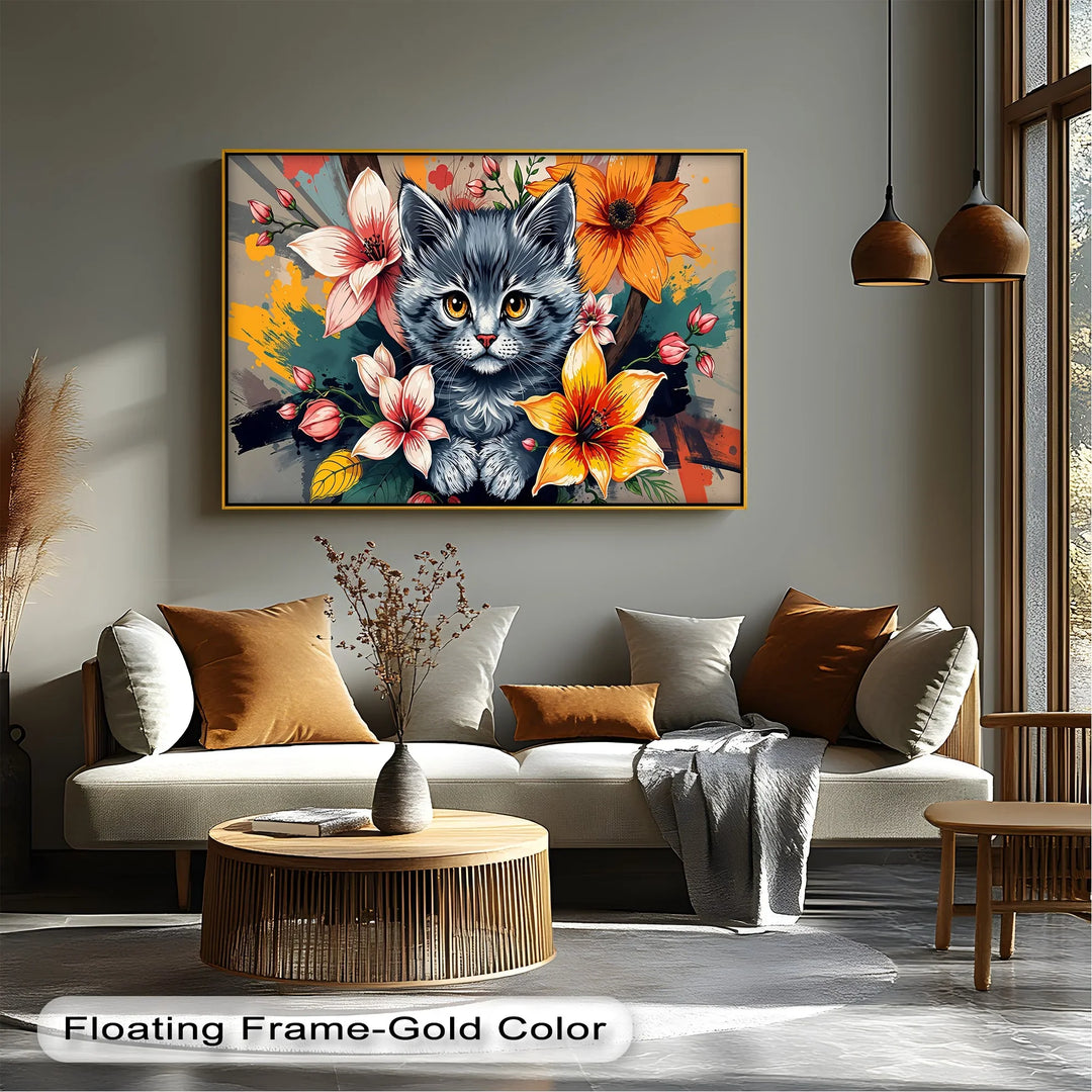 Bloom Burst – Gray Kitten with Vibrant Florals Cat Canvas Print - MyPhotoStation