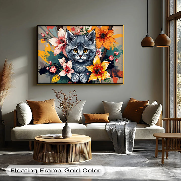 Bloom Burst – Gray Kitten with Vibrant Florals Cat Canvas Print - MyPhotoStation