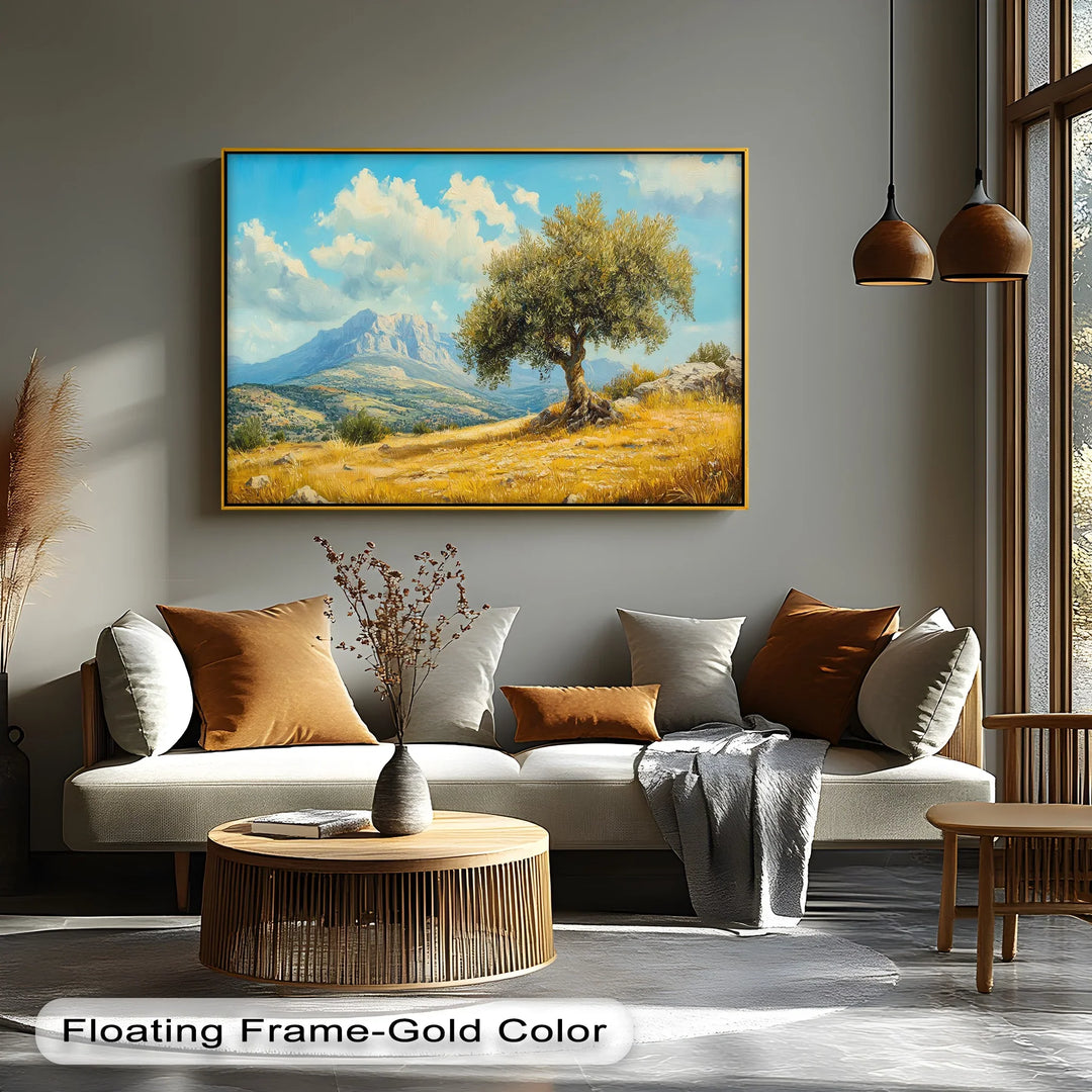 Lone Olive Tree in Golden Valley – Mediterranean Landscape Canvas Print
