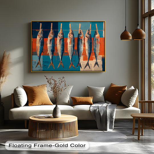 Brightest hues illuminate these modern hanging fish, making it a captivating piece among the big canvas prints, perfect as coastal kitchen wall art.
