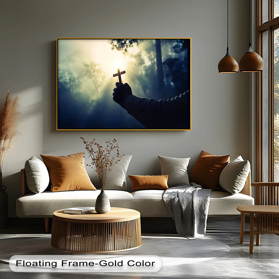 Faith in the Light – Hand Holding Cross in Sunrise Canvas Print