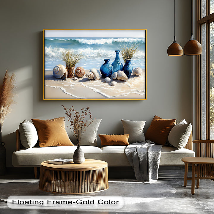 Coastal Calm – Seashells and Blue Vases Beach Scene Canvas Print