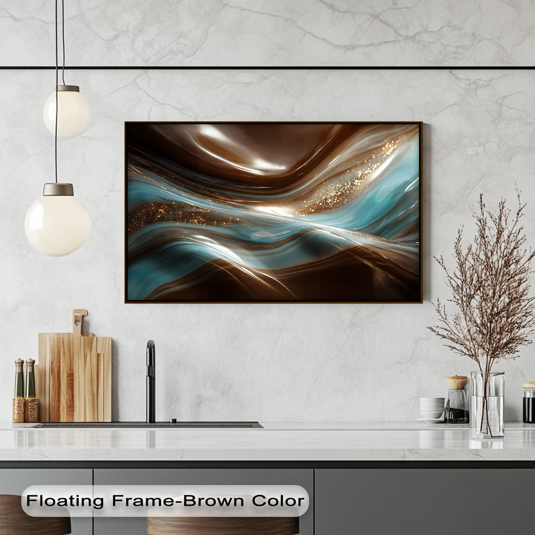The opulent canvas wall decor captivates with its abstract flow of gleaming brown, shimmering turquoise, and sparkling gold details.