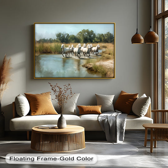 Canvas print of white horses running through river a horse canvas print and equestrian themed artwork