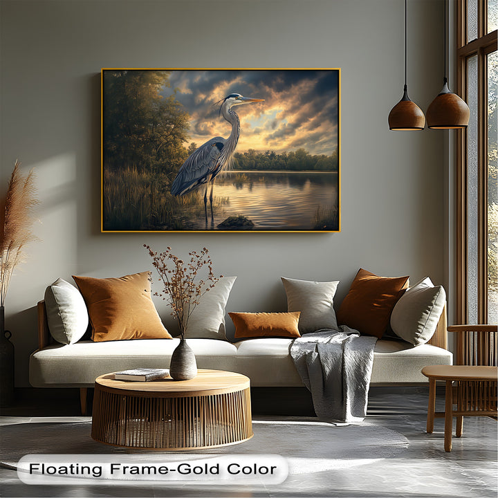 Lake Guardian – sunset canvas print with regal bird and rippling reflections.

