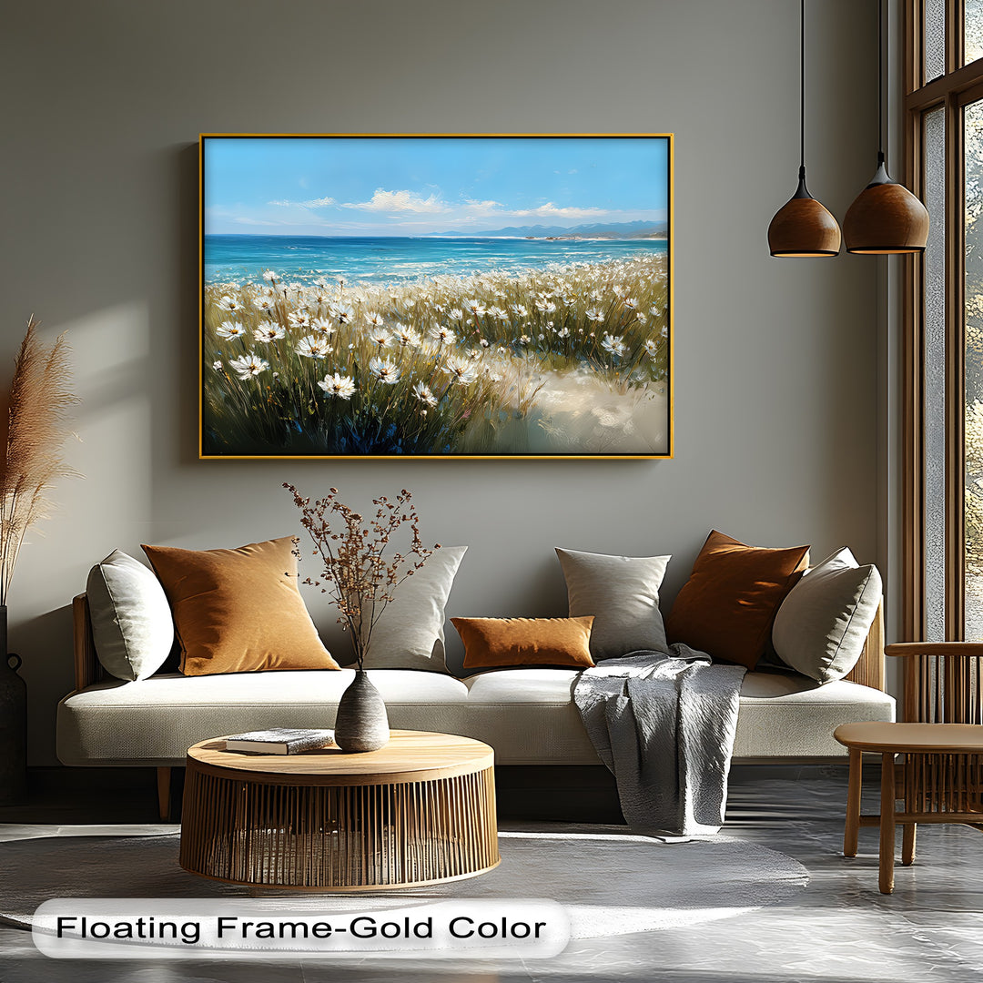 Whispers of the Coast – Daisy Field by the Ocean Canvas Print