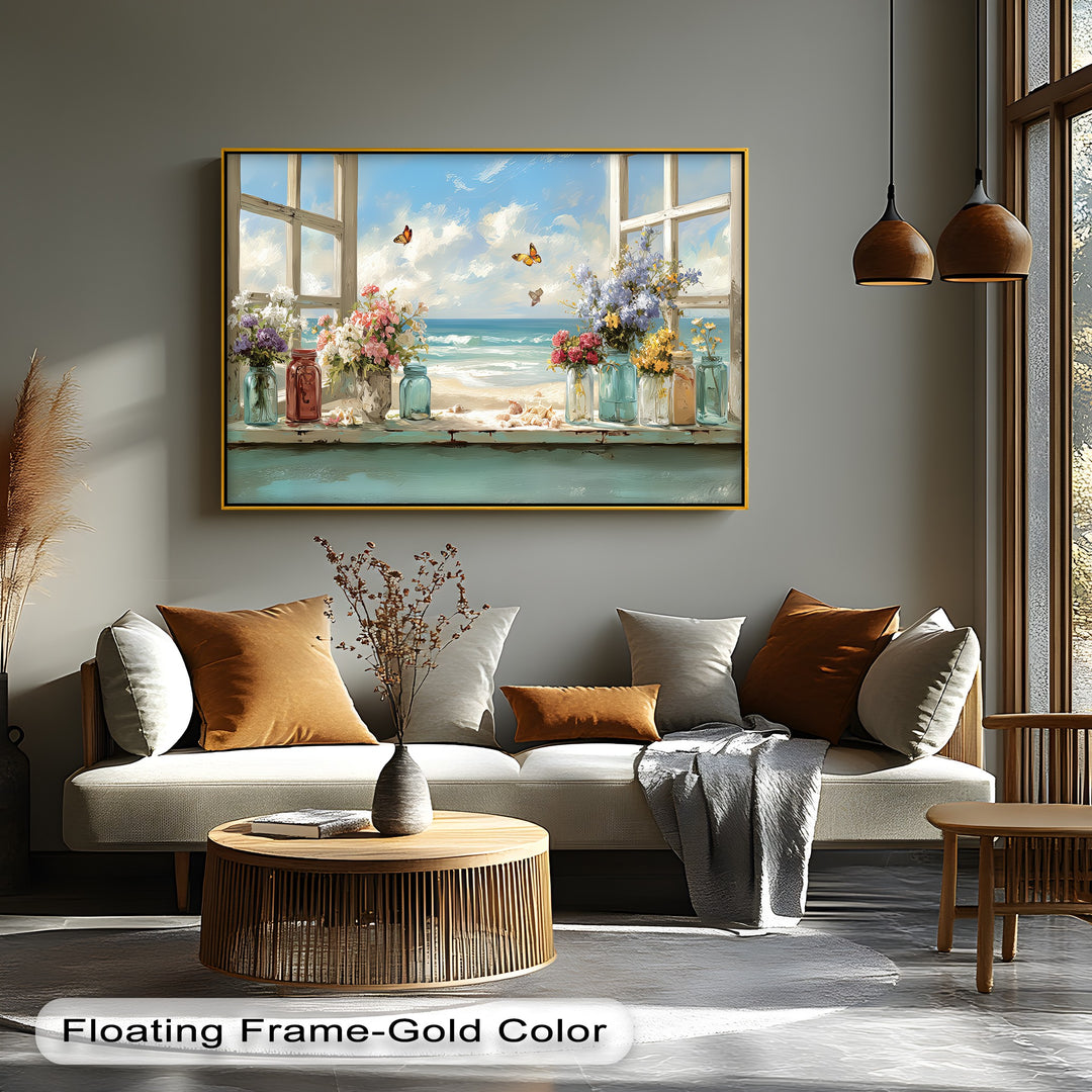 Butterflies by the Shore – Seaside Window Flowers Canvas Print