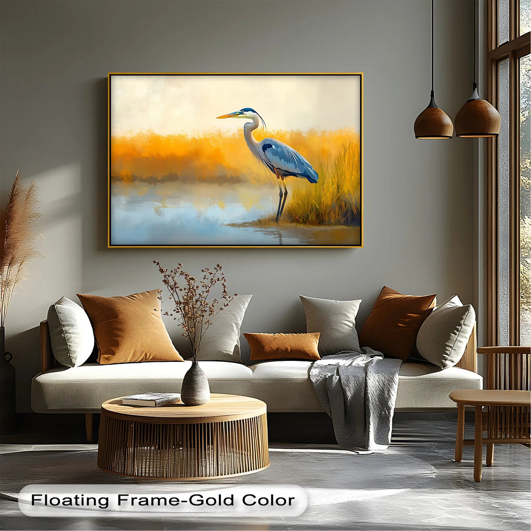 Still Waters – Majestic Heron in Misty Marshland Canvas Wall Art - MyPhotoStation