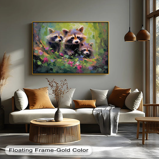 Premium material quality is evident in this vibrant animal canvas print, featuring curious raccoons, promising a long-lasting and visually striking canvas painting.