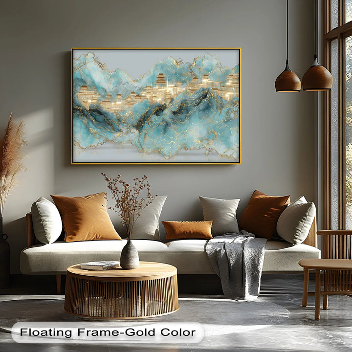 Golden Peaks of Serenity – Abstract Asian Palace Landscape Canvas Print - MyPhotoStation
