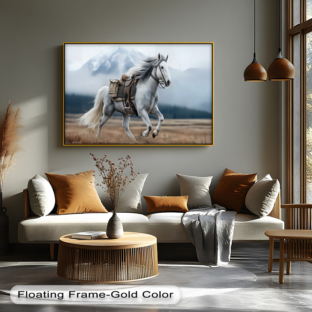 Gallop in the Mist – White Horse with Saddle Canvas Print