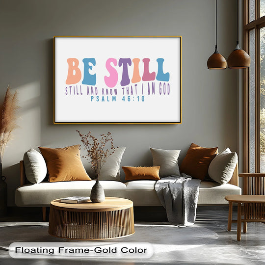 The golden edge frames the unique canvas print, 'Be Still – Psalm 46:10', highlighting its colorful retro style and scripture-inspired border.