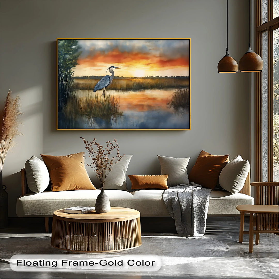 Golden Hour Marshland – Sunset Heron Canvas Wall Art - MyPhotoStation