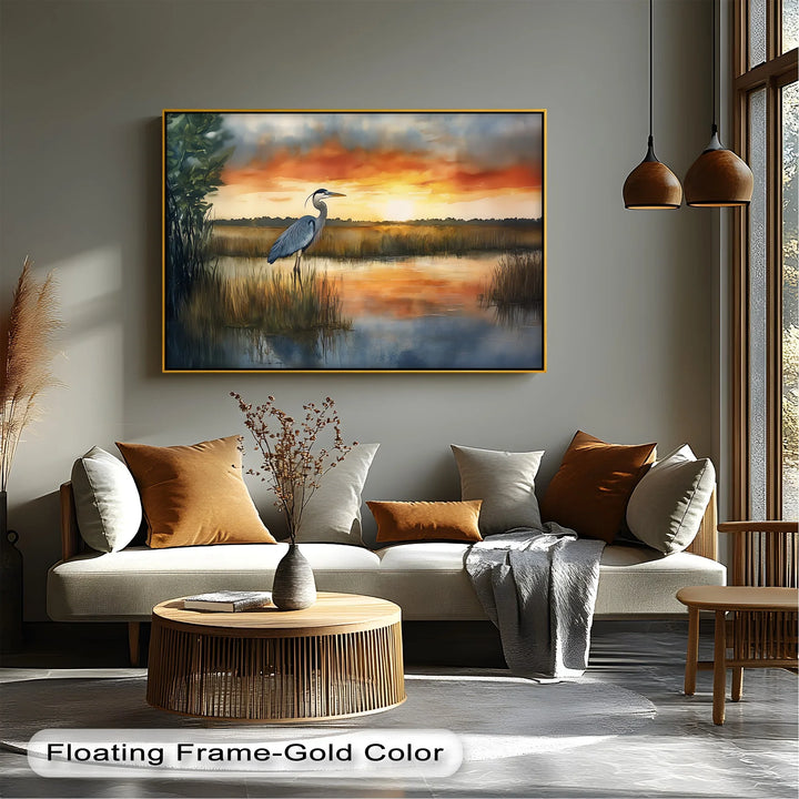 Golden Hour Marshland – Sunset Heron Canvas Wall Art - MyPhotoStation