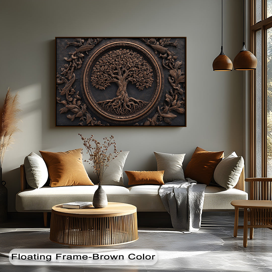 Vast negative space beautifully highlights the Bronze Tree of Life high quality canvas print, enhancing its detailed rustic botanical theme.