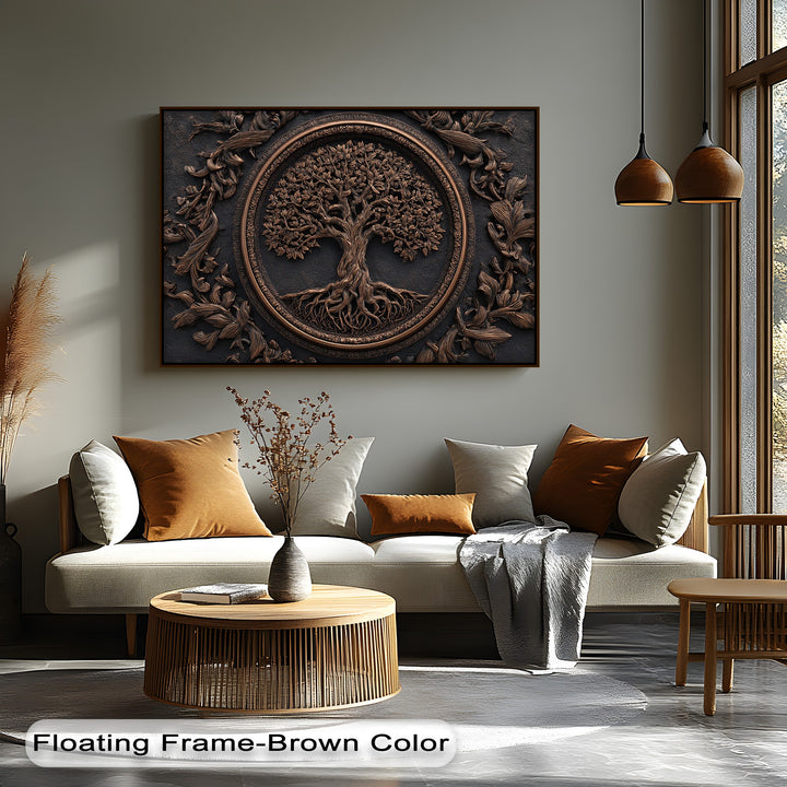 Vast negative space beautifully highlights the Bronze Tree of Life high quality canvas print, enhancing its detailed rustic botanical theme.