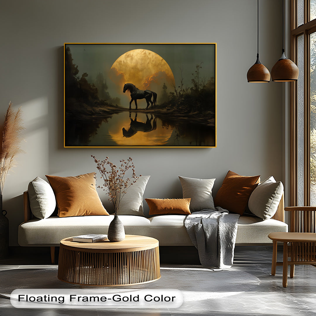 Eclipse Majesty – Black Horse Under a Golden Moon Canvas Print