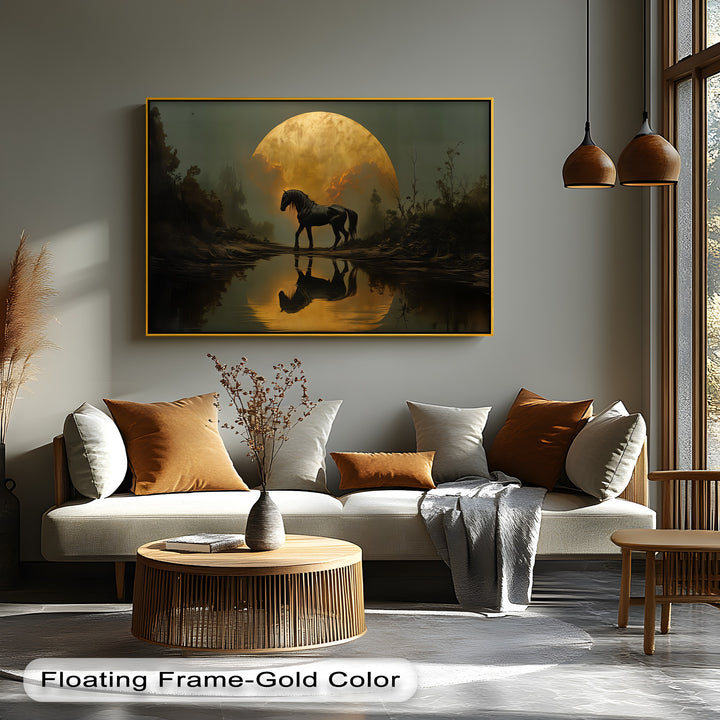 Eclipse Majesty – Black Horse Under a Golden Moon Canvas Print