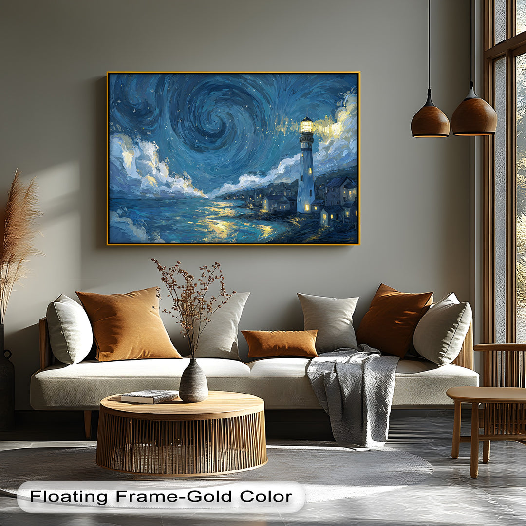 Visual rhythm emanates from this starry night lighthouse canvas wall art, with its swirling sky echoed in the rhythmic ocean reflections below.