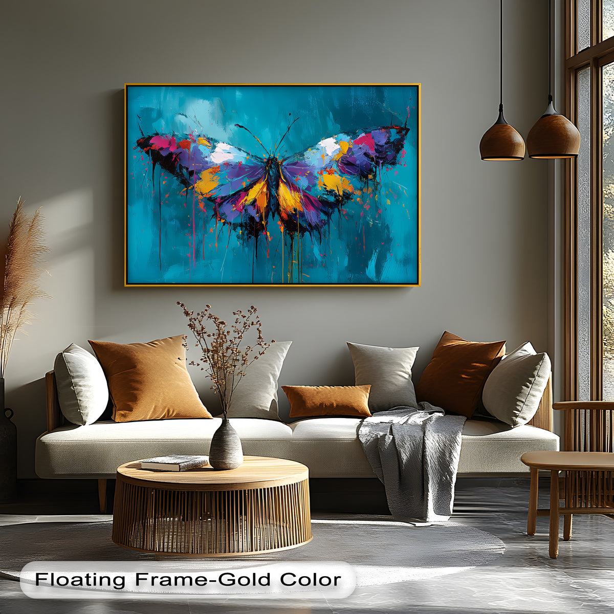 Illuminated by the brightest area, this best canvas prints piece shows a vibrant wings – colorful butterfly on teal abstract background, an eye-catching wall art.