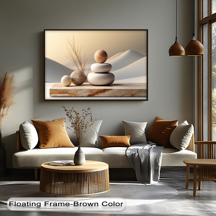 The geometric elements showcase smooth, stacked stones and gentle desert curves in this tranquil zen stone balance canvas artwork.