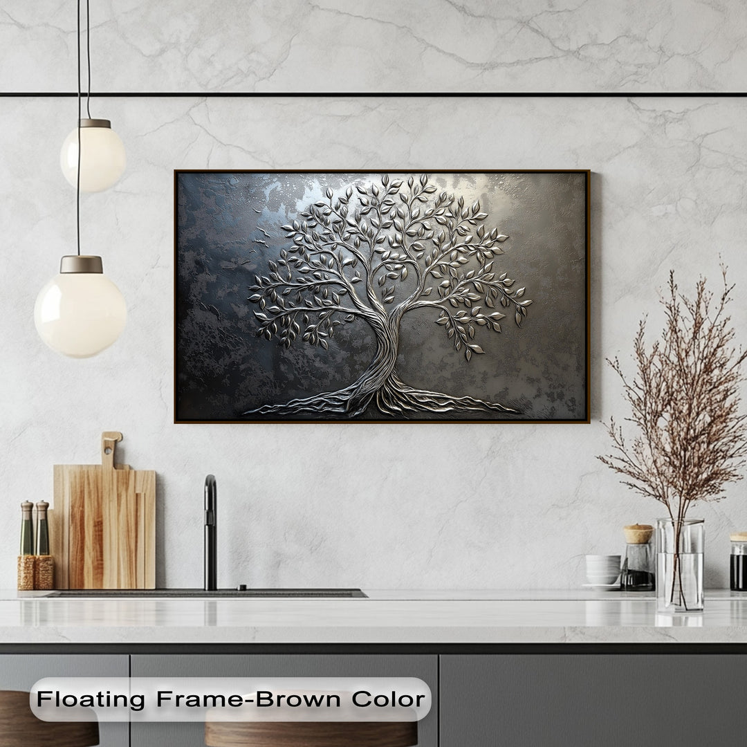 The serene mood of a modern kitchen is enhanced by an elegant silver tree unique canvas print, exuding peaceful botanical charm.