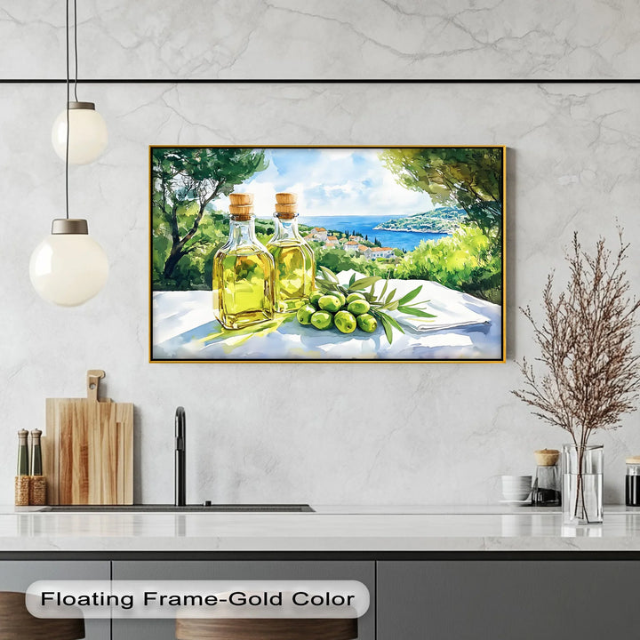 Mediterranean Harvest – Olive Oil Bottles Kitchen Canvas Print - MyPhotoStation
