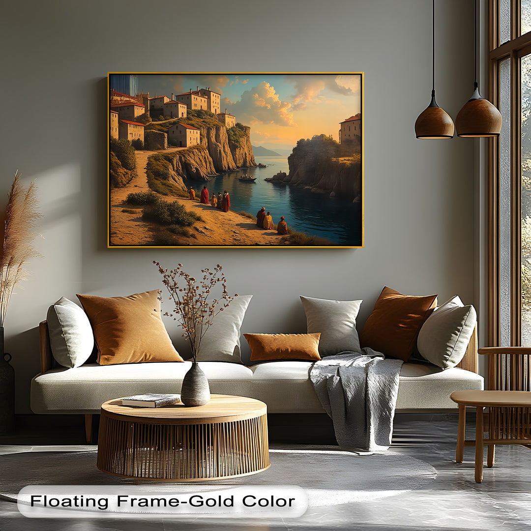 Clifftop Village Serenity – Coastal Sunset Canvas Wall Art | Large Canvas Art