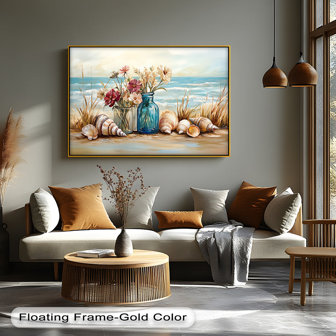 Seaside Serenity – Floral and Seashell Still Life Canvas Print