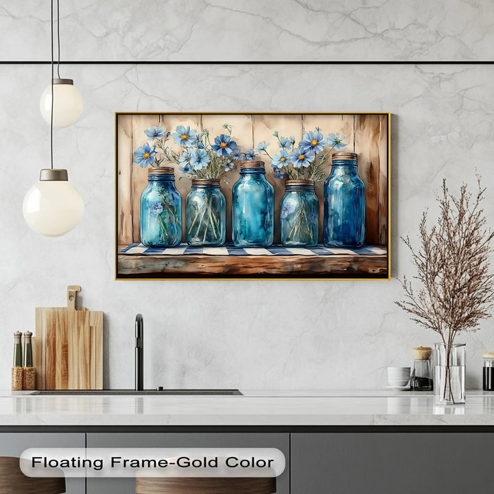 Vintage Blue Mason Jars with Wildflowers – Farmhouse Kitchen Canvas Art - MyPhotoStation