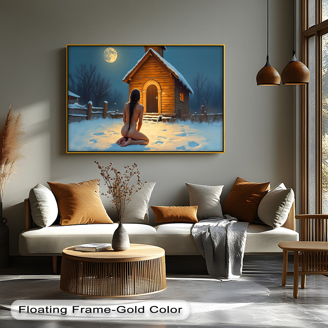 Moonlit Prayer – Sensual Nude in Snowy Night Erotic Canvas Print | Framed Art